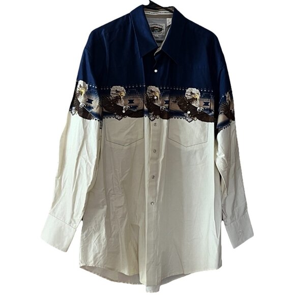 Cumberland Outfitters Men's XXL Pearl Snap Aztec Eagle Western Shirt Ivory Navy - Picture 2 of 7